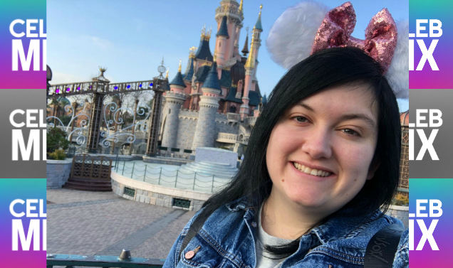 CelebMix logo background with Editor Katrina Naomi with the Disney palace behind her.