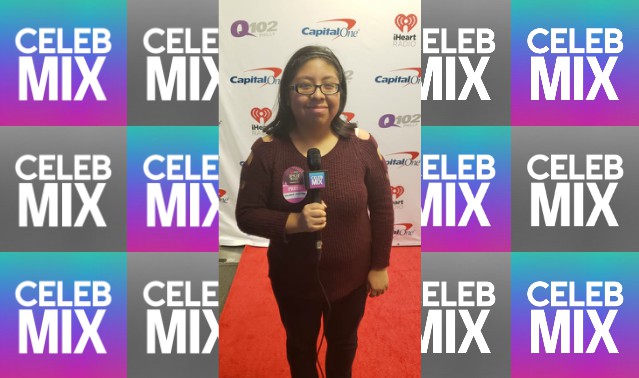 CelebMix logo background with Editor Michele Mendes reporting at the Q102 Jingle Ball.