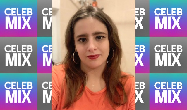 CelebMix logo background with Writer Isla Williams wearing an orange top