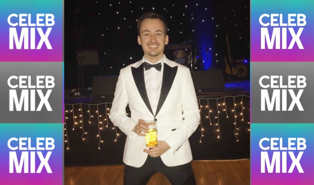 CelebMix logo background with Writer Mark Willis wearing a white suit jacket with a dickie bow holding a beer.