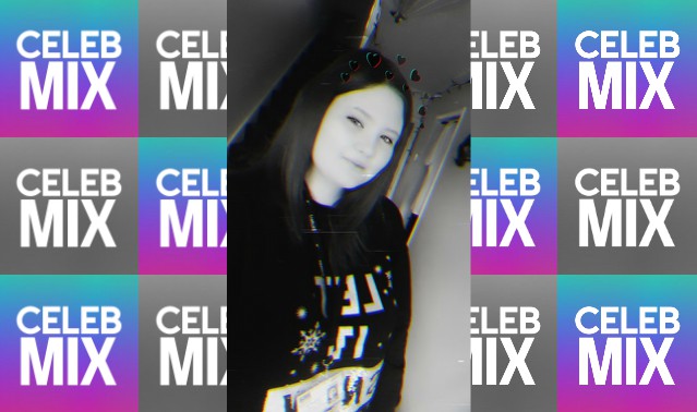 CelebMix logo background with Writer Chloe Bishop in a black and white filter