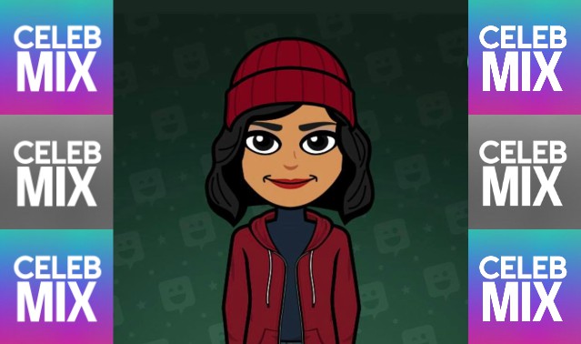 CelebMix logo background with Writer Gloria as a Birmoji wearing a red beanie hat that matches her maroon jacket