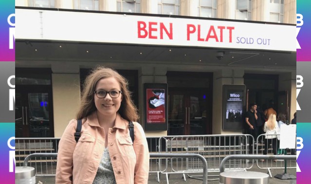CelebMix logo background with Writer Enya Savage standing outside a venue where Ben Platt was set to perform.