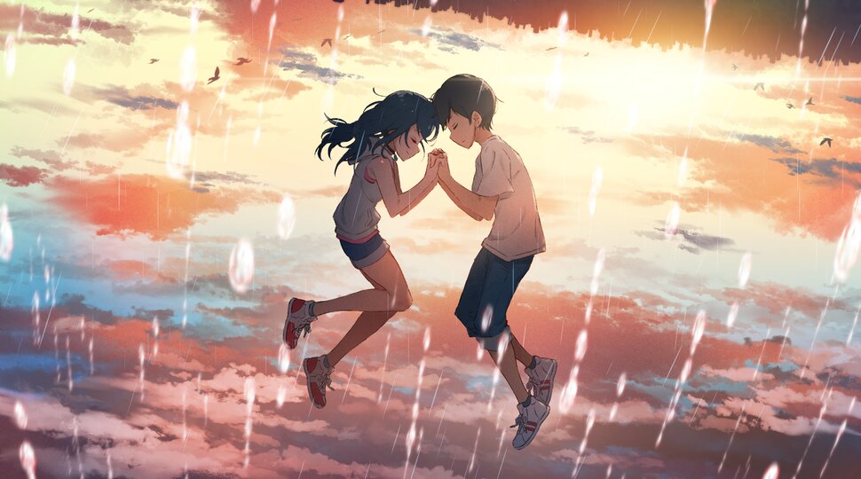 Film Still from Weathering With You, Hodaka and Hina are floating in the air with clouds around them that are lit up by the sun whilst it is raining. They are holding hands with their heads close together.