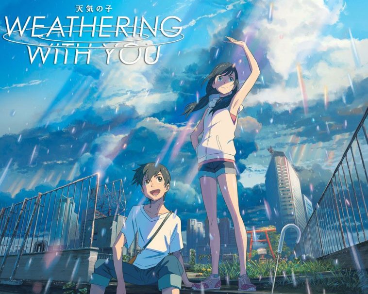 Weathing With You poster showing a rainy and cloudy day with Hodaka sitting whilst Hina is standing, looking up at the sky