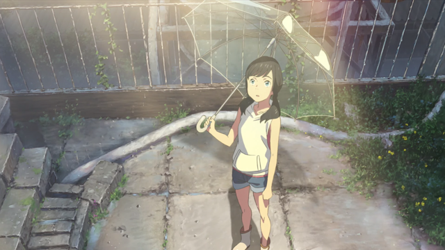 Character Hina from Weathering With You film looking into the camera with a shocked face whilst holding a transparent umbrella as it stops raining