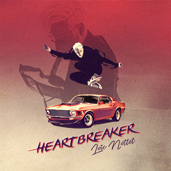 The single artwork for "Heartbreaker" by Loïc Nottet which sees him jumping over the top of a red car, with the words of the title and his name underneath the car.