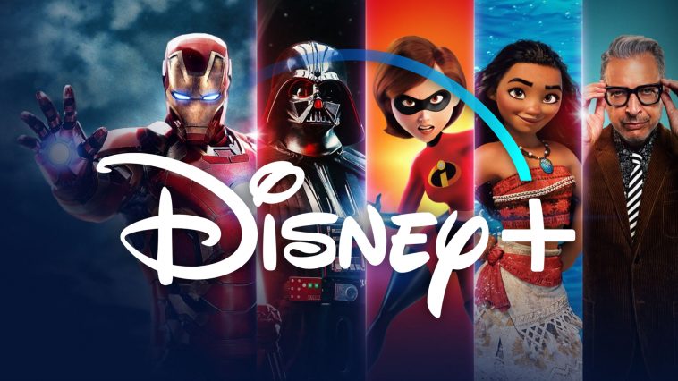 The Words Disney+ in advertisement for the UK with Iron Man, Darth Vader, Mrs. Incredible, Moana, and an old guy with glasses from National Geographic segmented in the background.