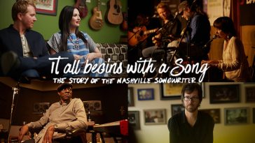 A collage of four stills from the film It All Begins With A Song including images of Kacey Musgraves and various other songwriters from the film.