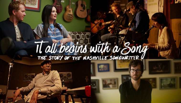 A collage of four stills from the film It All Begins With A Song including images of Kacey Musgraves and various other songwriters from the film.
