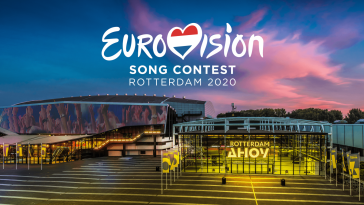 Image of Eurovision 2020 logo in the sky with the Rotterdam Ahoy venue displayed below