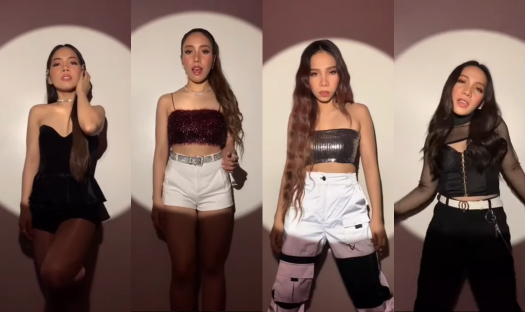 A collage of each of the four girls of 4th Impact performing their song "K(NO)W MORE" in front of a white background with a round spotlight on each of them.