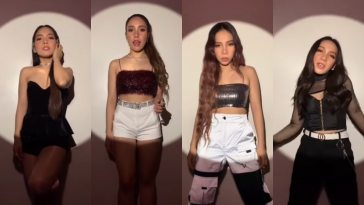 A collage of each of the four girls of 4th Impact performing their song "K(NO)W MORE" in front of a white background with a round spotlight on each of them.