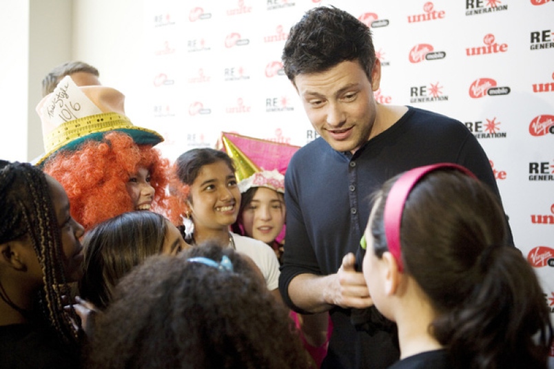 Cory Monteith speaks to fans at a $50,000 gift announcement to two youth charities by Virgin Unite, the non-profit foundation of Richard Branson's Virgin Group. Photograph By FRED LEE