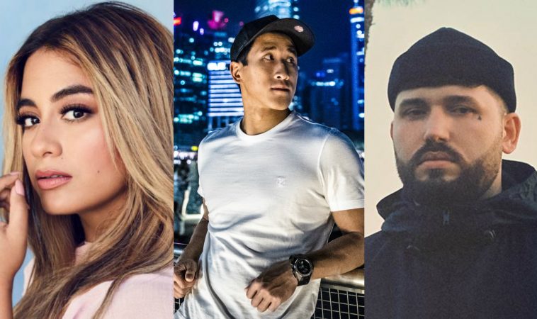 Collage of the artists of "Like You Do" with Ally Brooke with her blonde highlighted hair on the left, Florian Picasso wearing a tight white t-shirt with a city behind him in the middle, and GASHI wearing a beanie hat on the right.