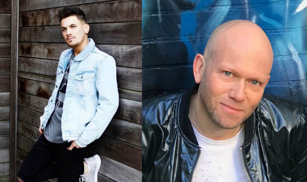 Collage of the artists of the song "If You Love Me" with Dario G on the right wearing a leather jacket in front of a blue neon background, and Danny Dearden on the left wearing a light blue denim jacket, black jeans, and white trainers, leaning against a wooden building.