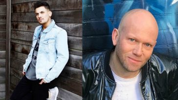 Collage of the artists of the song "If You Love Me" with Dario G on the right wearing a leather jacket in front of a blue neon background, and Danny Dearden on the left wearing a light blue denim jacket, black jeans, and white trainers, leaning against a wooden building.