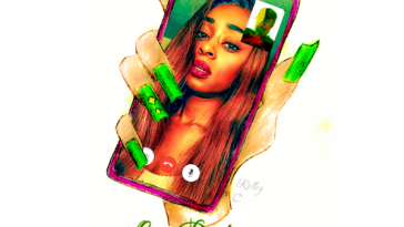 Single cover artwork for "Long Distance" which is a drawing of a hand, with green-painted nails, holding a phone with an image of Relley C video calling a guy.