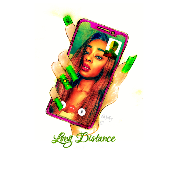 Single cover artwork for "Long Distance" which is a drawing of a hand, with green-painted nails, holding a phone with an image of Relley C video calling a guy.