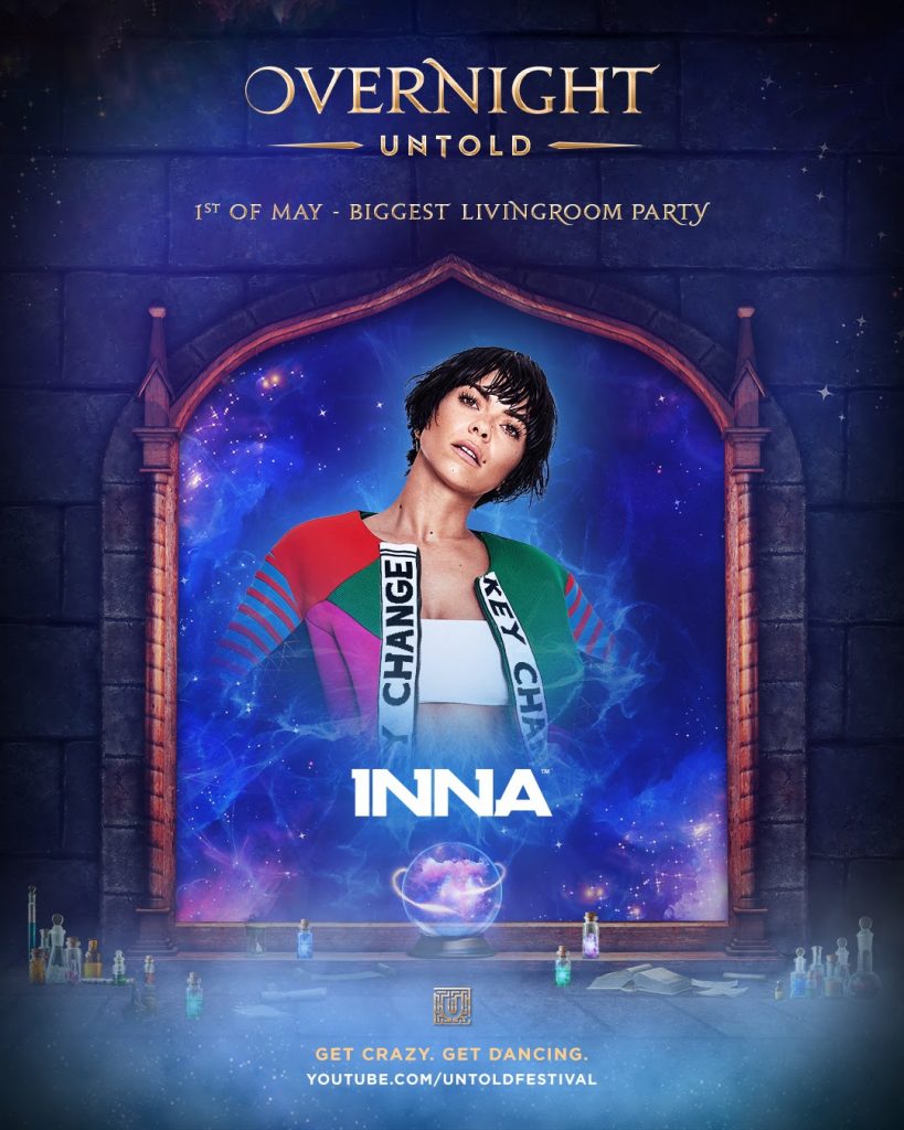 Poster for INNA UNTOLD OverNight which is midnight blue with Inna shown in an arch.