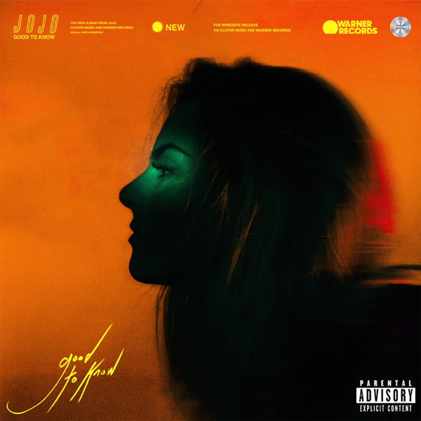 Album artwork for good to know which sees JoJo turned to the side, covered in shadow whilst the background is covered in bright orange.