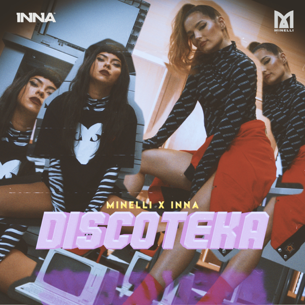 Single artwork for "Discoteka" which sees INNA on the left and Minelli on the right.