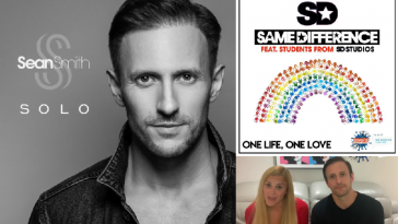 Collage of images starting with the cover artwork of "Solo" by Sean Smith on the left which is black and white and sees him looking into the camera, and on the right is the cover of "One Life, One Love" by Same Difference which features a rainbow made out of hand prints, with Sarah Wilson and Sean Smith from Same Difference in the bottom right which is a still from the video that announced the new single.