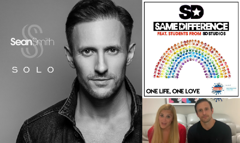 Collage of images starting with the cover artwork of "Solo" by Sean Smith on the left which is black and white and sees him looking into the camera, and on the right is the cover of "One Life, One Love" by Same Difference which features a rainbow made out of hand prints, with Sarah Wilson and Sean Smith from Same Difference in the bottom right which is a still from the video that announced the new single.