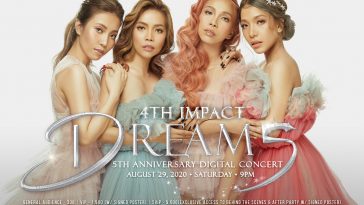 Promo photo of 4th Impact for their "Dreams Digital Concert" seeing all four close together wearing pastel-coloured princess dresses.