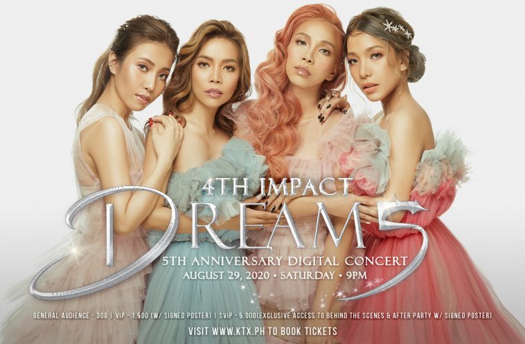 Promo photo of 4th Impact for their "Dreams Digital Concert" seeing all four close together wearing pastel-coloured princess dresses.