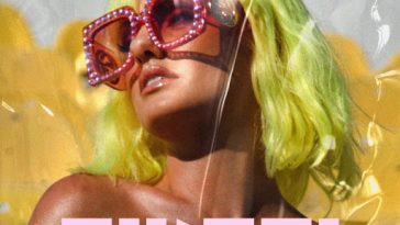 Single artwork for "Tikari" which sees Alexandra Stan wearing a lemon green wig cut into a shoulder-length bob paired with Gucci pink glasses with plastic yellow seats behind her.