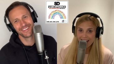Stills from the "One Life, One Love" music video with Sean Smith from Same Difference on the left wearing a black hoodie and smiling at the camera, and Sarah Wilson from Same Difference on the right singing into the microphone
