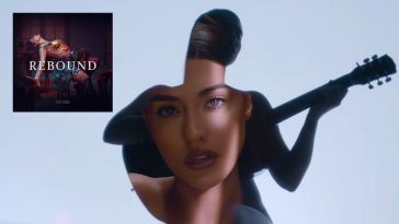 Still from "Rebound" music video which sees Antonia topless holding a guitar in front of her whilst a different scene from the video is projected onto her body. The single artwork also appears in the left-top corner which sees Antonia wearing a gold top leaning back on to a table within a bar setting.