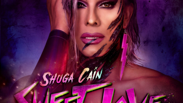 Purple artwork cover for the single "Sweet Love" which sees Shuga Cain with wet-purple hair and her hand up on the right-side of her face, with a purple slash on her left cheek, and the words Shuga Cain Sweet Love across her chest.