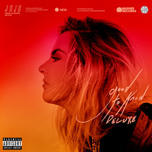 Album artwork for good to know deluxe which is an orangey-red colour with JoJo facing to the left with her hair swept away from her face.