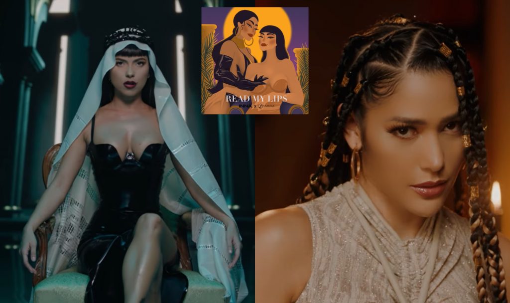 Collage of two stills from the music video of "Read My Lips" with the left image showing INNA sitting in a chair wearing a black dress and a white head scarf that flows down behind her and the right image showing Farina wearing a cream-rope designed dress with her hair in dreadlocks. And the single artwork in the middle that is an animation of the two artists.