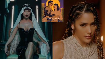 Collage of two stills from the music video of "Read My Lips" with the left image showing INNA sitting in a chair wearing a black dress and a white head scarf that flows down behind her and the right image showing Farina wearing a cream-rope designed dress with her hair in dreadlocks. And the single artwork in the middle that is an animation of the two artists.