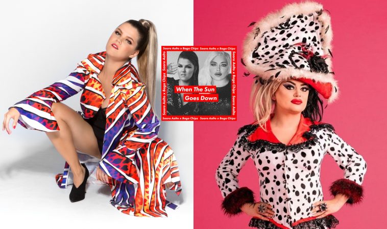 Collage of two images with the left image showing Saara Aalto with her hair in a ponytail and she's wearing a bright multicoloured vertical stripe dress and she's crouching and the right image shows Baga Chipz in a dalmatian-inspired outfit with a hat, and the single artwork for "When The Sun Goes Down" in the middle which is black and white images of the two artists with a red border.