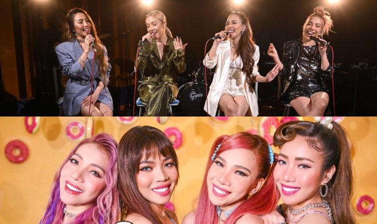 Collage of the thumbnails from the videos of 4th Impact covering BTS's "Dynamite" and their cover of BLACKPINK & Selena Gomez's "Ice Cream". The top image sees the four sisters sitting on chairs in front of a band, whilst the below image shows them with bright coloured hair and an orange background.