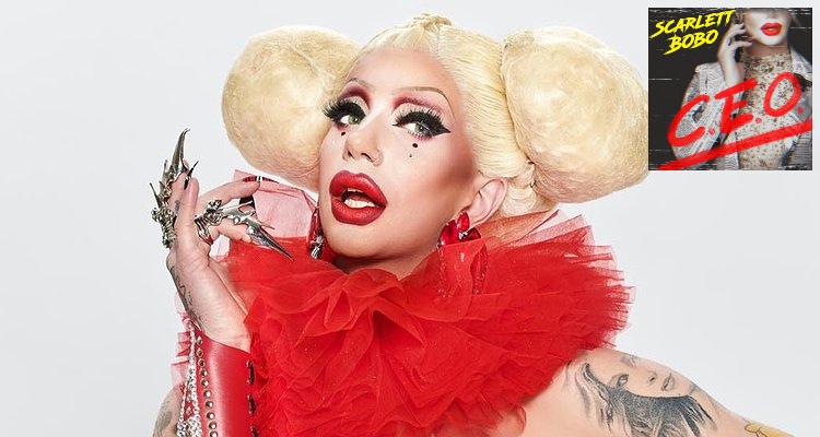Promo picture for Canada's Drag Race of Scarlett BoBo wearing a fluffy red material around her nexk. The single cover for "C.E.O." by Scarlett BoBo is in the top right which sees with her hand to her face.