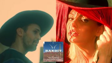 Collage of stills from the "Bandit" video with Paul Damixie on the left wearing a cowboy hat and Alexandra Stan on the right wearing her fringe cowboy hat.