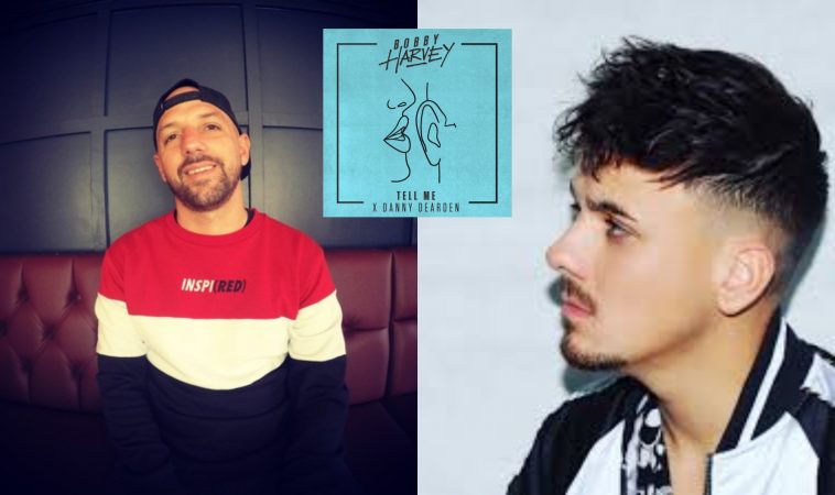 Collage showing two images, the left image shows Bobby Harvey wearing a cap on backwards and a red, white, and blue jumper sitting down, while the right image shows Danny Dearden wearing a white sports jacket facing towards Bobby Harvey, with the single image artwork for "Tell Me" in the middle which is neon blue with a drawing of a pair of lips whispering in an ear.