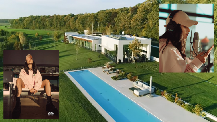 Photo collage with main image showing the house where INNA will stay for 20 days as part of the "Dance Queen's House" project showcasing a swimming pool the three white buildings and the lush green grass surrounding the property with a photo in the bottom-left corner showing INNA relaxing on a sofa wearing a pink hoodie, and a photo in the top-right showing INNA wearing a pink cap with black headphones recording her voice into a microphone.
