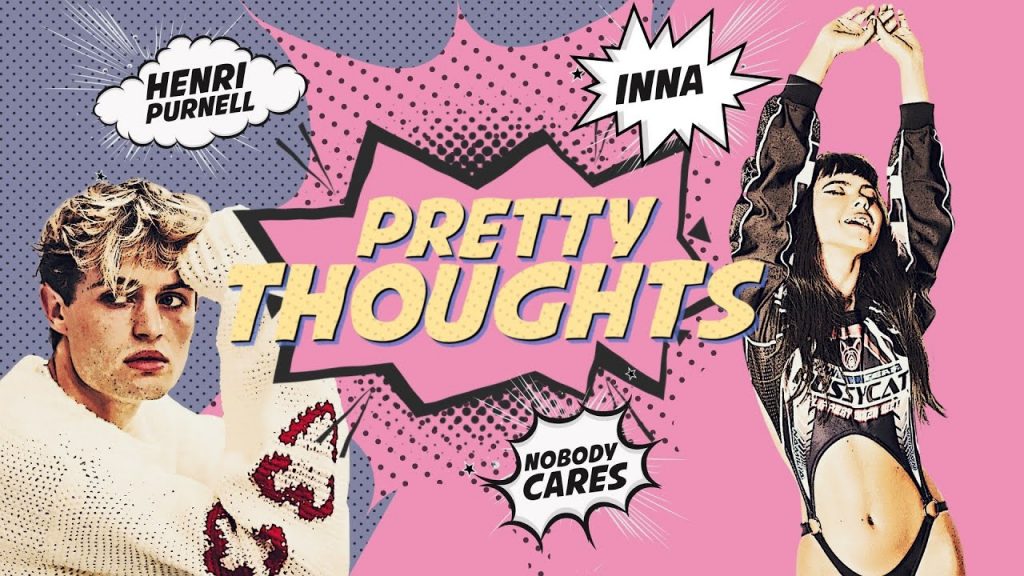 Pink and purple background with Henri Purnell on the left wearing a cream jumper and INNA on the right wearing a black top and a black bikini with the title "Pretty Thoughts" in a action bubble in the middle in yellow font.