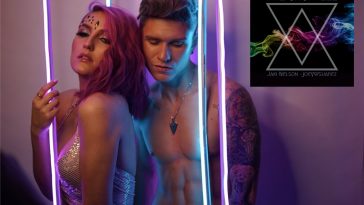 Still from music video which sees Jaki Nelson with pink hair, cheetah spots on her face and a silver sexy top, holding onto a neon pole whilst Joey Suarez is topless showing his six-pack with his arm over her shoulder, surrounded by the neon poles. The photo has a purple haze to it with the album cover in the top right corner which is black with a streak of rainbow colours in the background with four connected triangles as the logo.