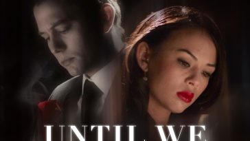 Until We Meet Again top-half of film poster, with the title at the bottom in white lettering and Janel Parrish on the right looking towards the bottom right and Jackson Rathbone in a suit quite ghostly, behind her on the left side, looking towards the bottom left with a red rose in his hand.