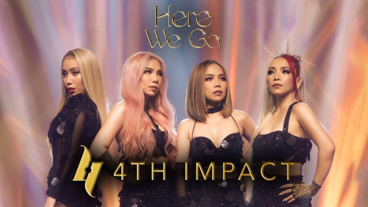 4th Impact dressed in black dresses with a shimmery curtain behind for a photo shoot for their song "Here We Go". They've had a glow-up with one of the women having pink hair, Almira has a short brunette bob, and the other band members have long blonde hair.