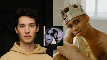 Luke Markinson on the left with short dark hair and a skin-coloured hoodie on in front of a black background, and Bryce Xavier on the right in a bedroom with the window behind him, topless and wearing a gold crown and gold trousers, he has one arm hugging his knees. The single cover of "Mirror Mirror" is in the middle looking like the two guys are looking at us through a circular mirror.