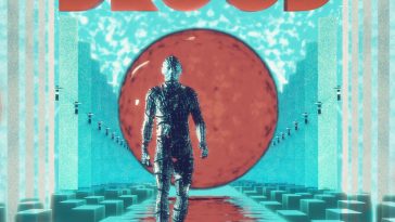Single artwork for "Psychic Institute" by The Drood which is blue offset with red and sees a man walking towards the camera on a red floor with a red circle behind him and blue pillars along both walls.