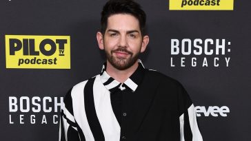 Scott McGlynn posing on the red carpet in a monochrome shirt where he attended the Bosch: Legacy premiere